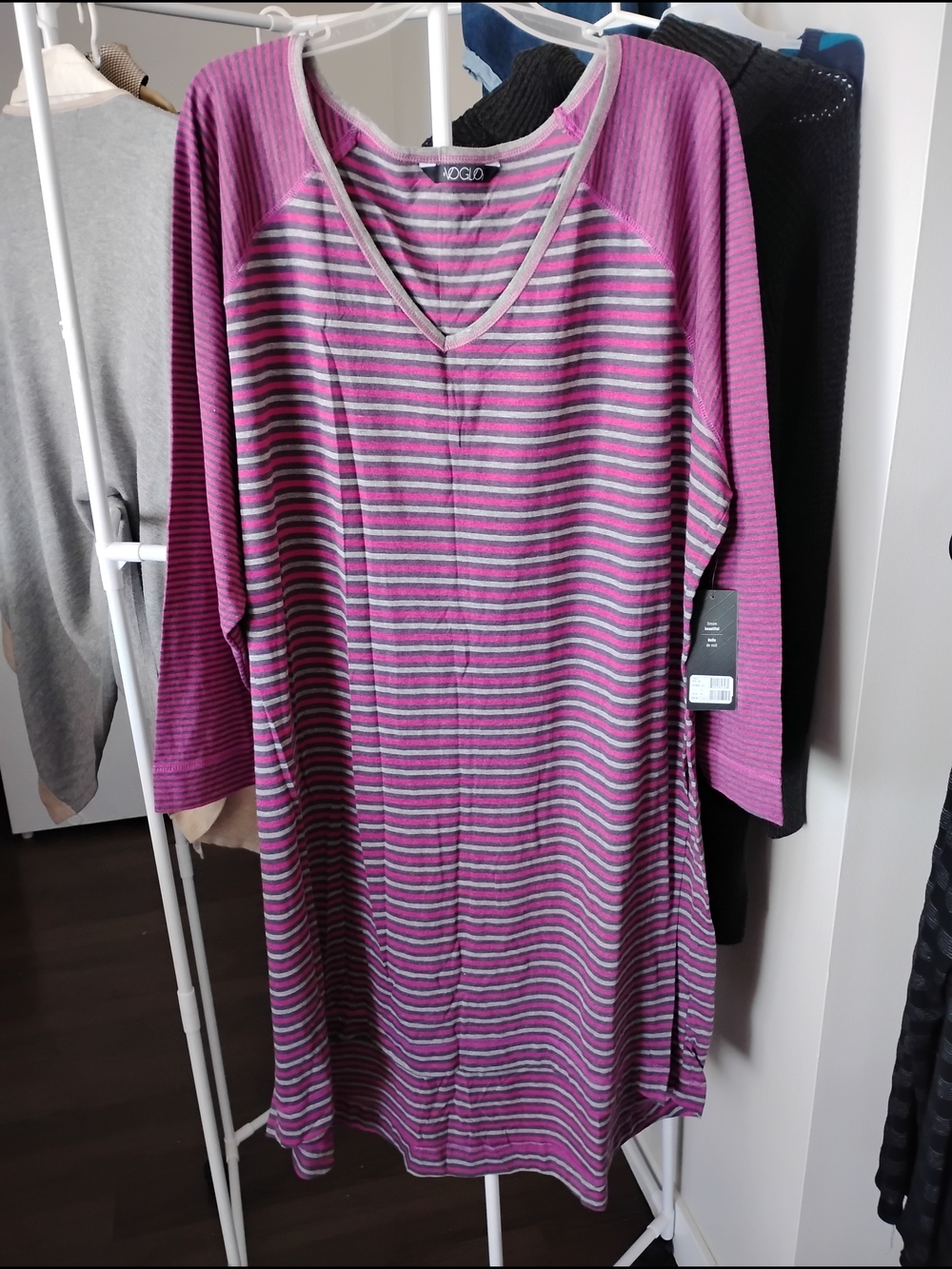 Penningtons Women's Purple and Gray Striped V-Neck Long Sleeve Sleep Shirt